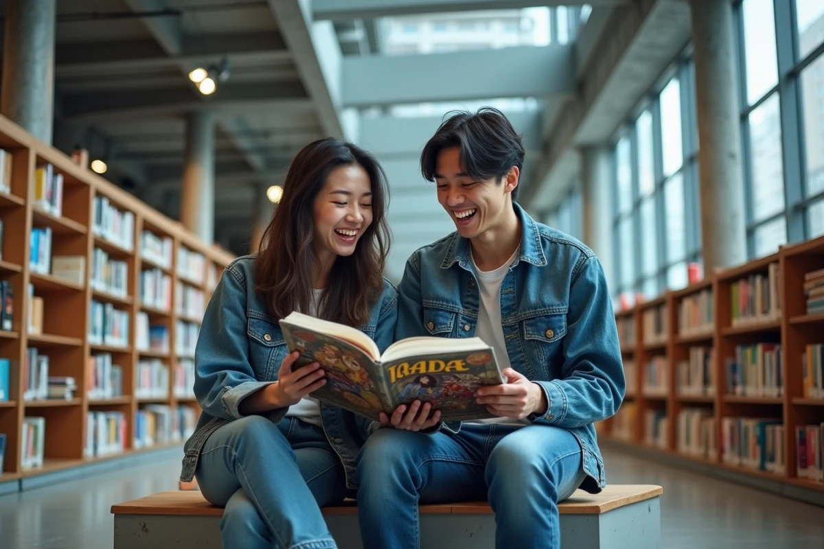 Deux amis riant ensemble en lisant un manga dans une bibliothèque publique moderne entourée d'étagères de livres et d'une vue sur la ville