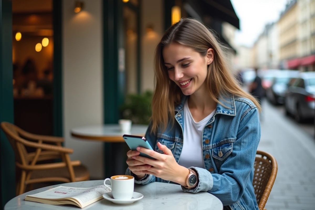 Jeune femme dans un café parisien vérifiant l'indicatif téléphonique international +49 pour appeler l'Allemagne depuis la France