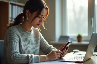 Femme composant un numéro international avec l'indicatif 0049 sur un smartphone dans un bureau à domicile