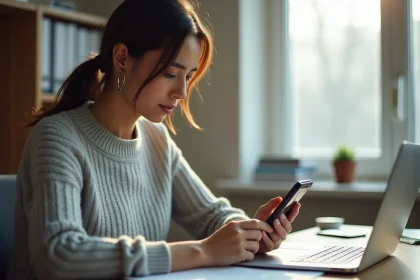 Femme composant un numéro international avec l'indicatif 0049 sur un smartphone dans un bureau à domicile