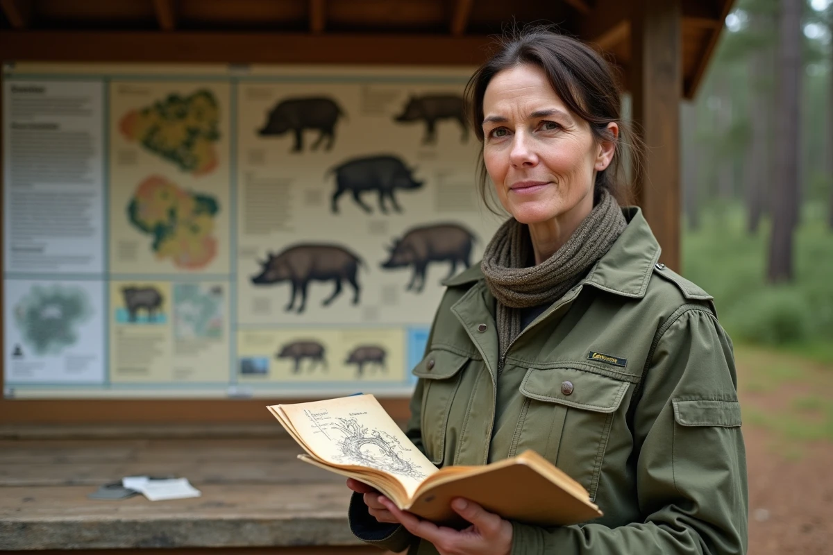 Biologiste naturaliste présentant un panneau pédagogique sur le comportement du sanglier dans un centre d'interprétation forestier, vulgarisation scientifique pour les non-initiés