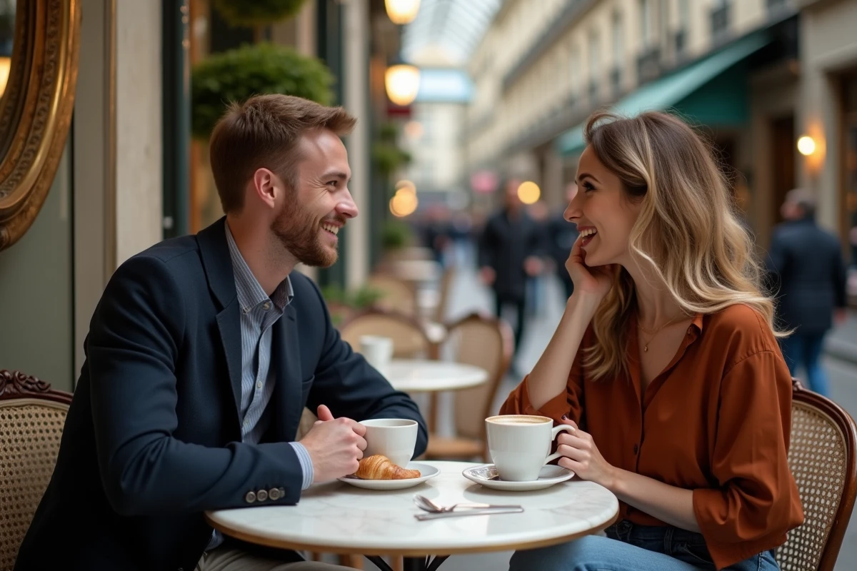 Deux amis dégustant un café dans une galerie couverte parisienne au décor bistrot authentique