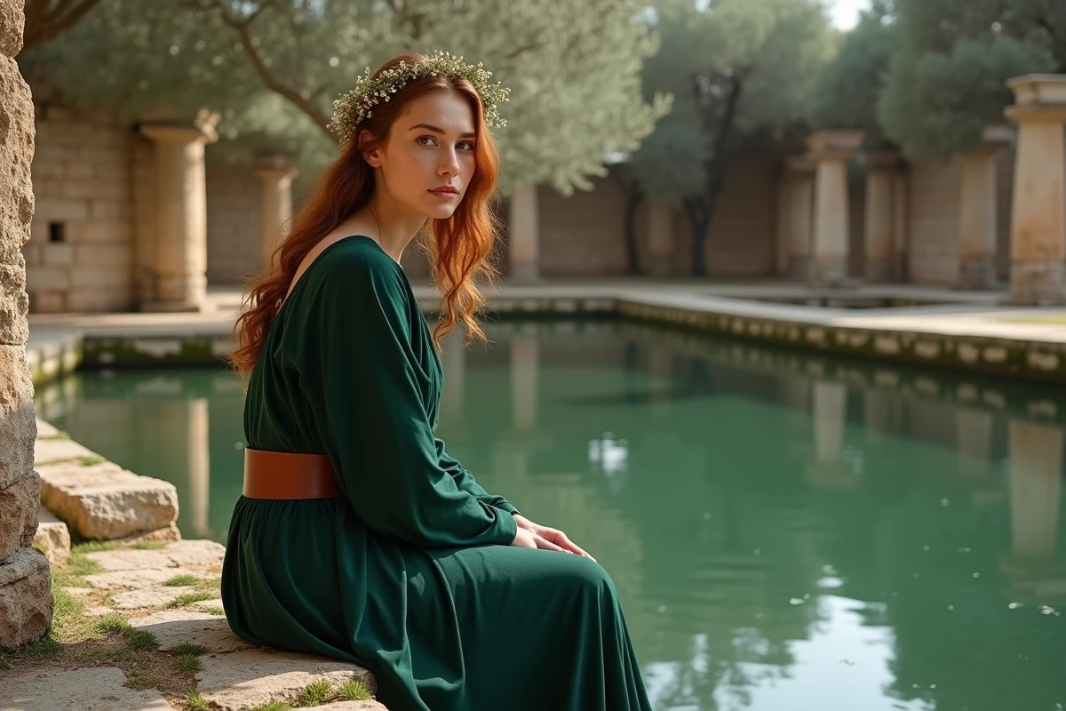 Femme habillée en déesse grecque assise près d'un bassin antique entouré de ruines et d'oliviers