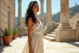 Femme en tenue grecque antique debout dans une cour en marbre évoquant les déesses de la mythologie grecque