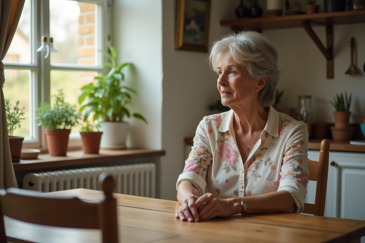 Femme mature à table dans une cuisine française illustrant la relation mère-fils des paroles de Mika Elle me dit