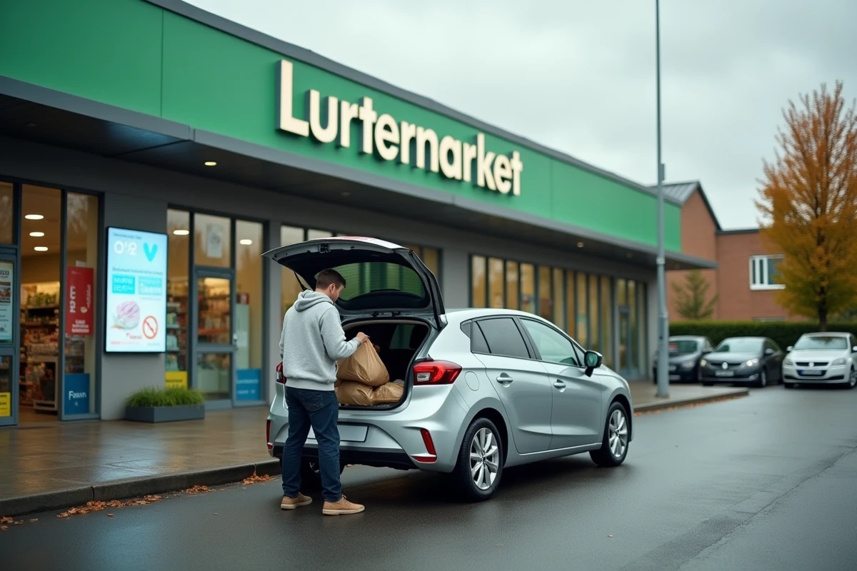 Homme chargeant ses courses dans sa voiture devant un supermarché E.Leclerc en banlieue