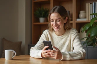 Femme souriante utilisant une application de chat sur son smartphone depuis chez elle, illustrant les échanges sur une plateforme de rencontre en ligne