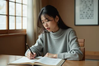 Femme résolvant des mots croisés japonais dans un appartement traditionnel au Japon