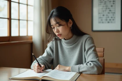 Femme résolvant des mots croisés japonais dans un appartement traditionnel au Japon