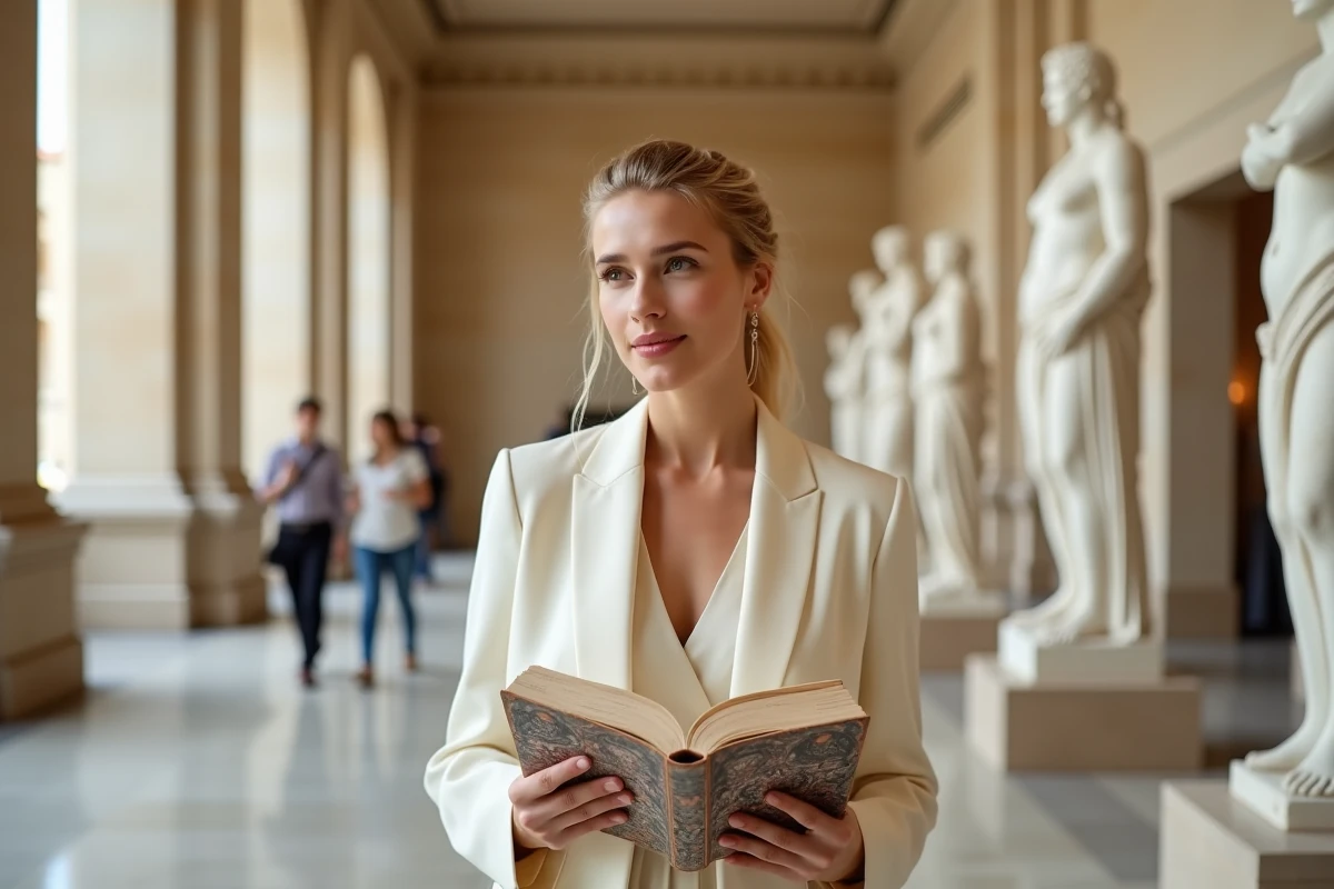 Femme moderne tenant un livre sur la mythologie grecque devant des sculptures antiques dans un musée