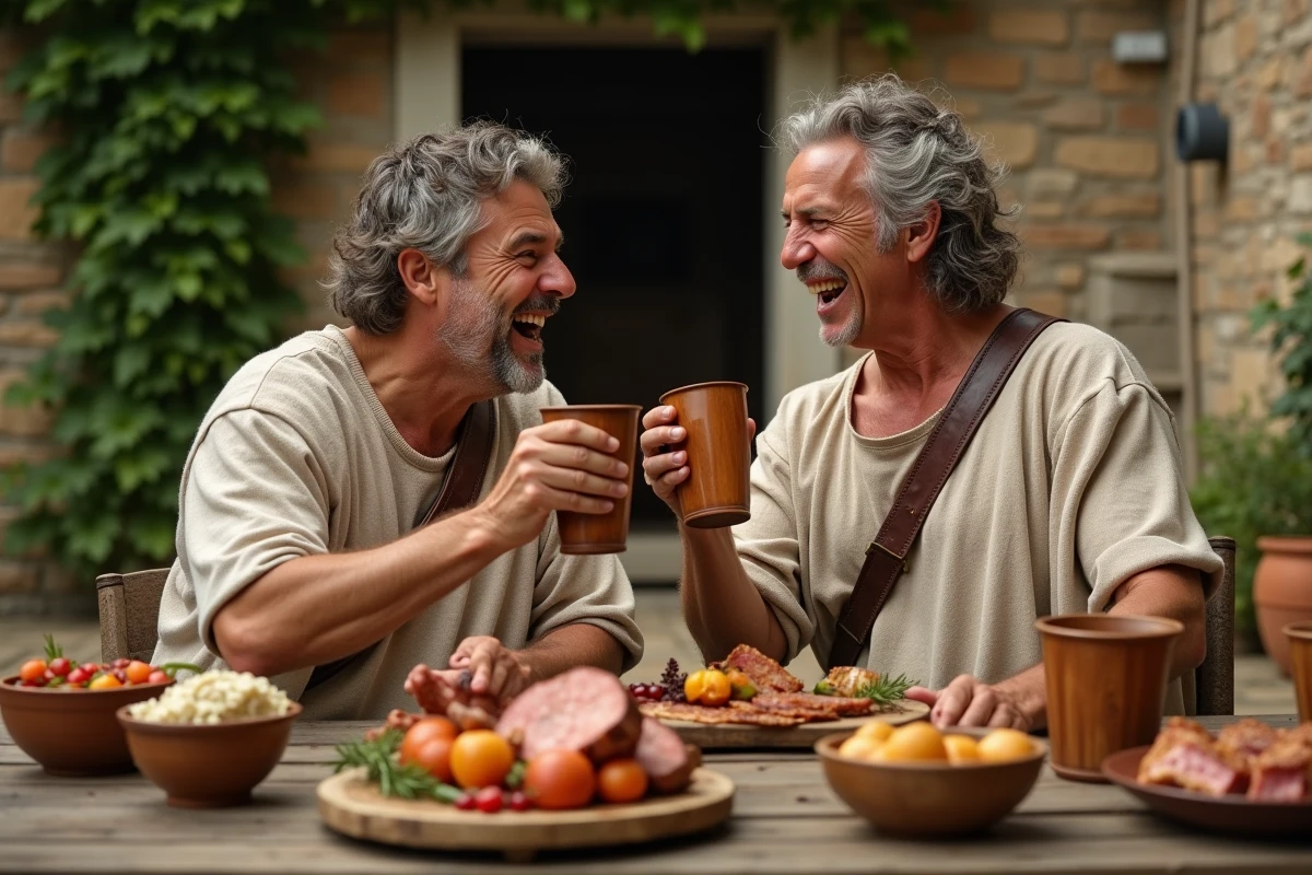 Deux passionnés d'histoire déguisés en Gaulois célébrant un festin gaulois autour d'une table rustique en pierre, référence humoristique aux banquets de sanglier dans l'univers Astérix