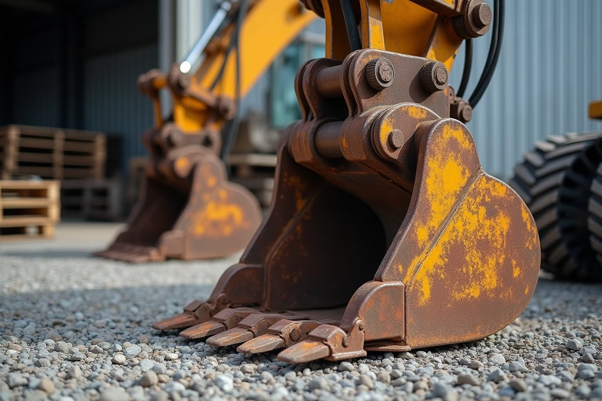 Godet de pelle mécanique avec dents en acier et accessoires d'équipement sur terrain de chantier