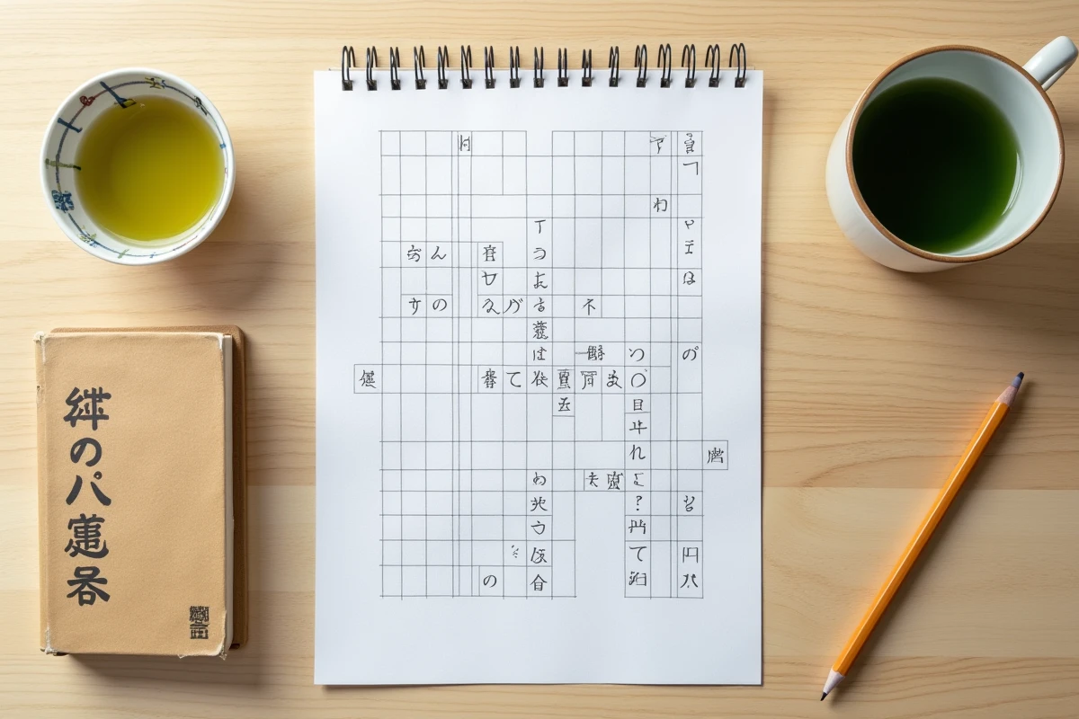 Vue aérienne d'une grille de mots croisés japonais avec dictionnaire et thé vert