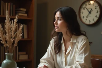 Femme contemplative regardant une horloge affichant 14h41 dans un bureau chaleureux, symbolisant la signification karmique de l'heure miroir