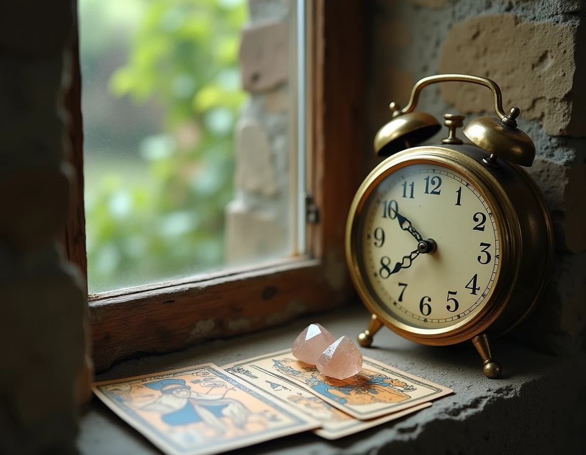 Gros plan d'une horloge ancienne en laiton affichant 14h41 sur un rebord de fenêtre en pierre avec des cartes illustrées et un cristal, symbolisant la spiritualité et le karma