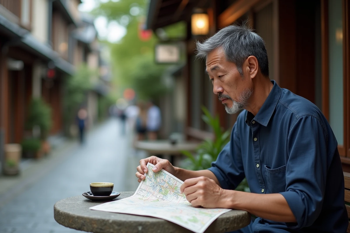 Homme étudiant une carte de ville japonaise dans un café traditionnel à Kyoto