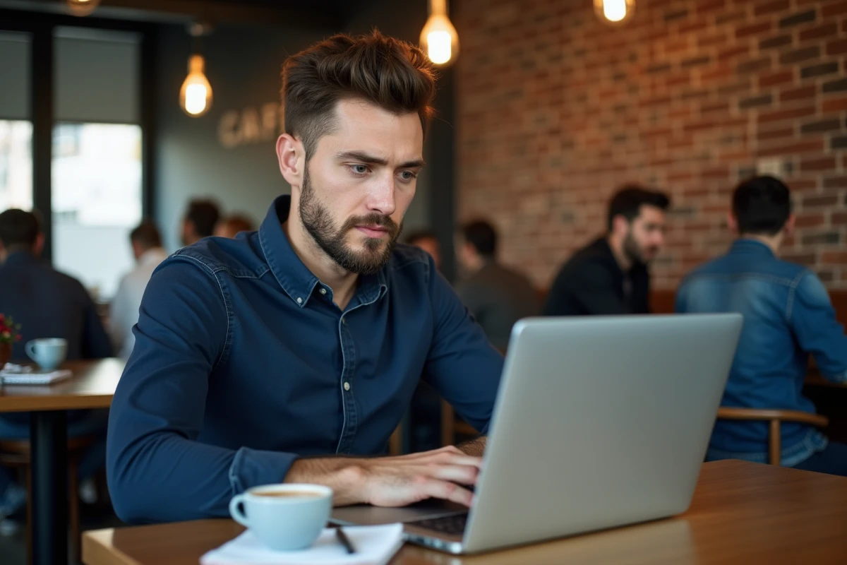 Homme naviguant sur un site de rencontre classique depuis son ordinateur portable dans un café, comparant les options de chat en ligne
