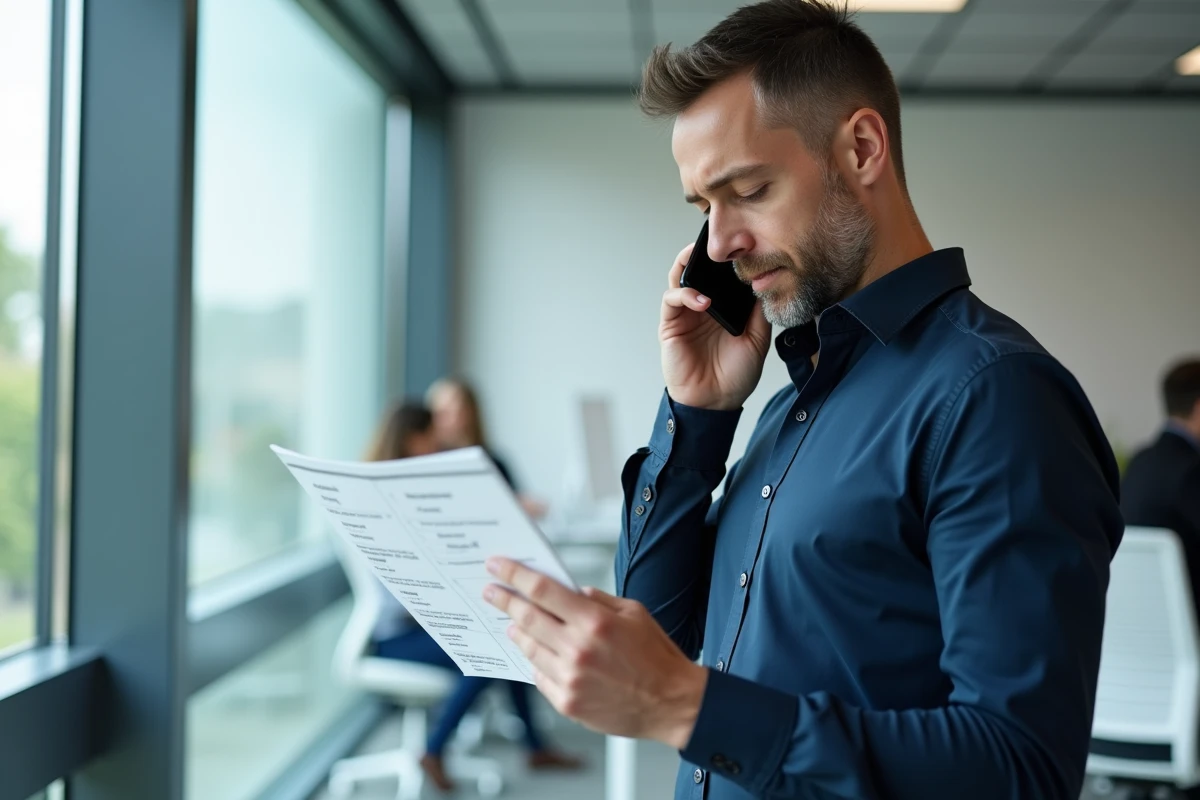 Homme en bureau professionnel consultant un document avec les codes d'appel international 49 et 0049 pour l'Allemagne