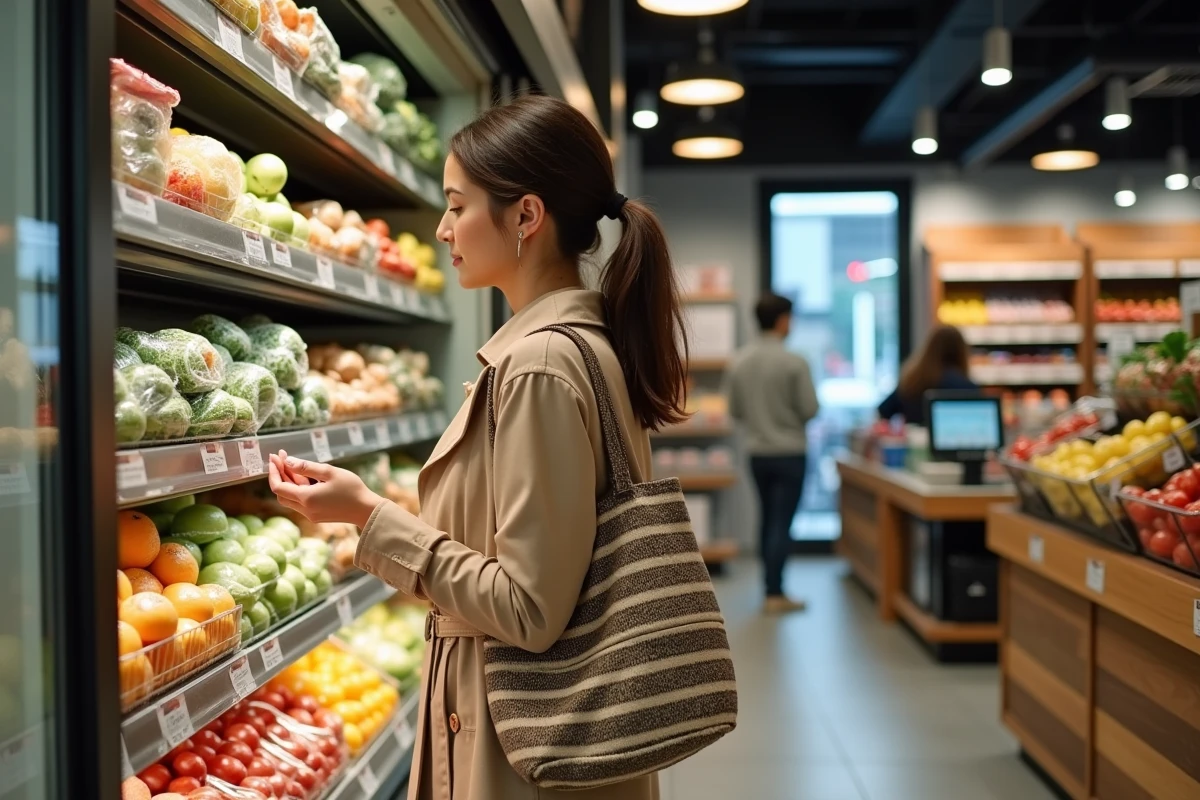 Jeune femme choisissant des fruits frais dans un E.Leclerc Express en centre-ville