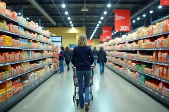 Femme faisant ses courses dans un grand hypermarché E.Leclerc avec des rayons bien achalandés