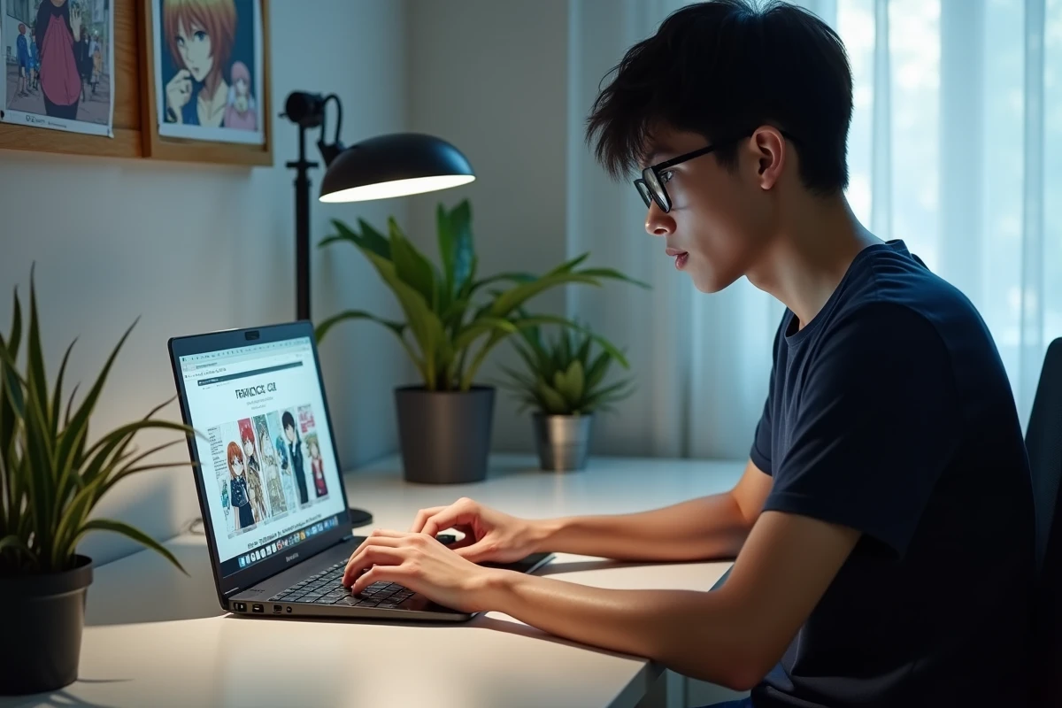 Homme avec des lunettes lisant des mangas en ligne sur un ordinateur portable dans un bureau moderne à domicile, avec des impressions d'anime en arrière-plan