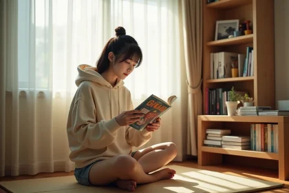Jeune femme lisant un manga assis sur le sol d'un appartement cosy inspiré du Japon, entourée de nombreux volumes manga sur une étagère en bois