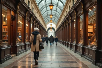 Femme se promenant dans un passage couvert parisien historique aux sols en mosaïque et toiture en verre et fer forgé