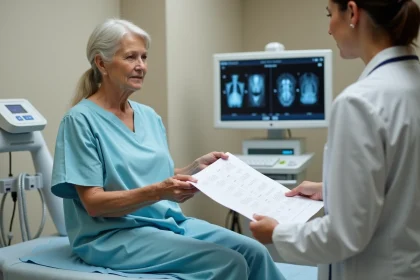 Patiente en blouse médicale discutant de ses résultats d'imagerie avec une radiologue dans un centre médical moderne