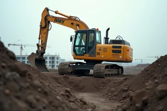 Pelle mécanique jaune sur un chantier de construction avec bras articulé au-dessus d'une tranchée