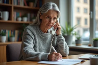 Femme consultant les réglages de son répondeur téléphonique fixe Free à domicile