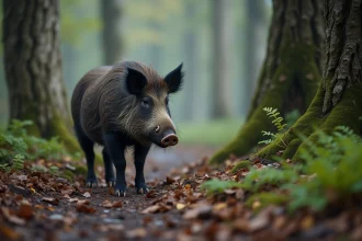 Sanglier sauvage en lisière de forêt de chênes européenne, poils hérissés et museau levé, illustrant le comportement naturel de cet animal emblématique de la culture Astérix