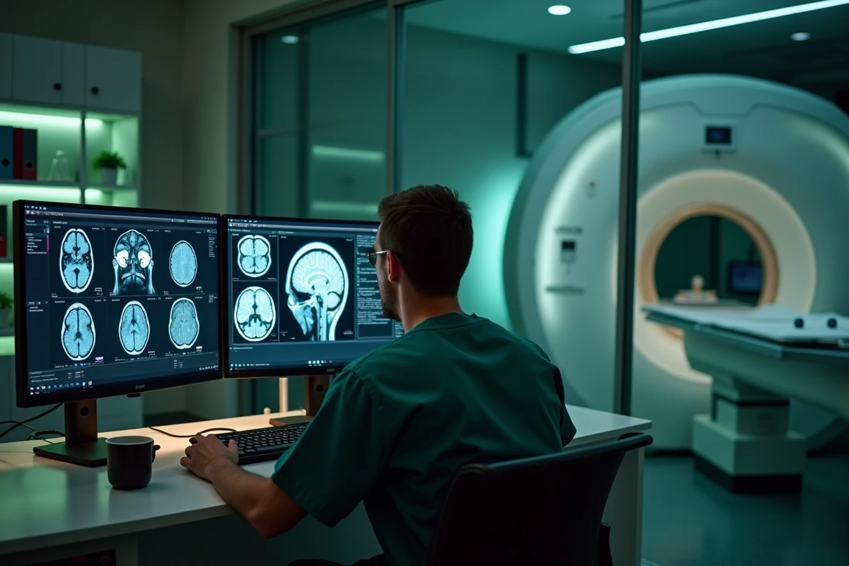 Technicien radiologue analysant des images IRM cérébrales sur double écran dans la salle de contrôle d'un centre d'imagerie