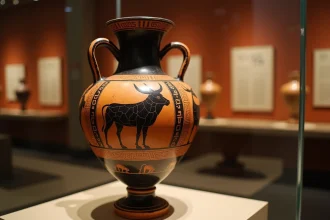 Vase grec antique à figures rouges représentant le Minotaure dans un musée, illustration mythologique classique
