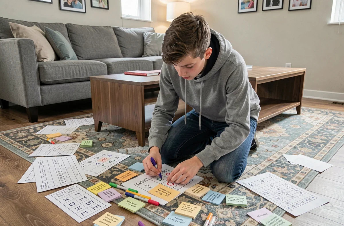 Adolescent préparant des énigmes logiques difficiles pour piéger sa famille dans un salon familial