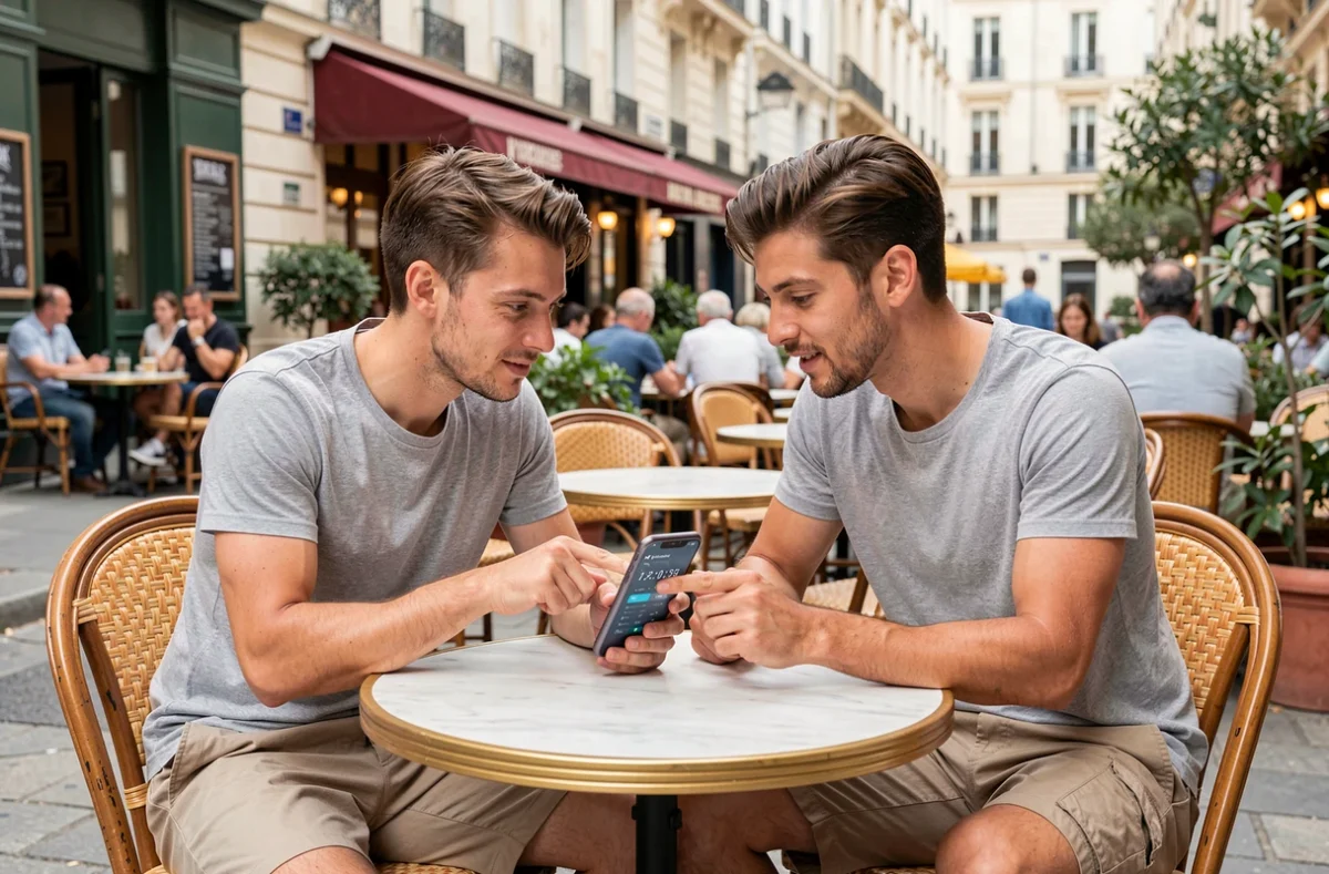 Deux amis consultant un fuseau horaire sur smartphone pour appeler La Réunion depuis un café