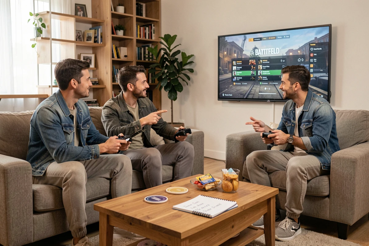 Trois amis gamers discutant de l'organisation de leur équipe pour le lancement de Battlefield 6 en salon