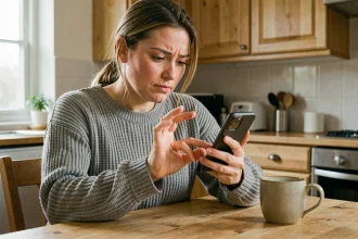 Femme hésitante rédigeant un message d'annulation d'achat sur son smartphone dans une cuisine moderne