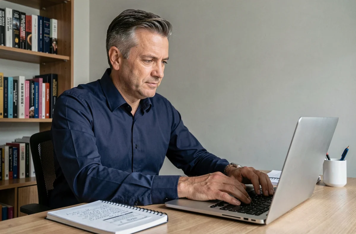 Homme rédigeant un message poli pour annuler une transaction sur Le Bon Coin depuis son bureau à domicile
