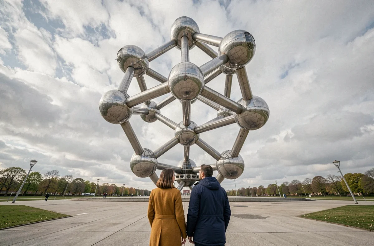 L'Atomium de Bruxelles vu du sol avec un couple de visiteurs regardant vers le monument en acier sous un ciel nuageux
