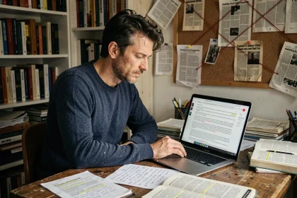 Blogueur masculin concentré sur son ordinateur portable entouré de notes manuscrites et de coupures de presse dans un bureau encombré, évoquant la recherche de théories alternatives