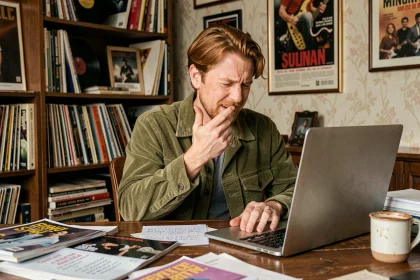 Homme roux aux cheveux auburn assis à un bureau vintage entouré de magazines musicaux et de notes manuscrites, cherchant un souvenir musical sur son ordinateur portable
