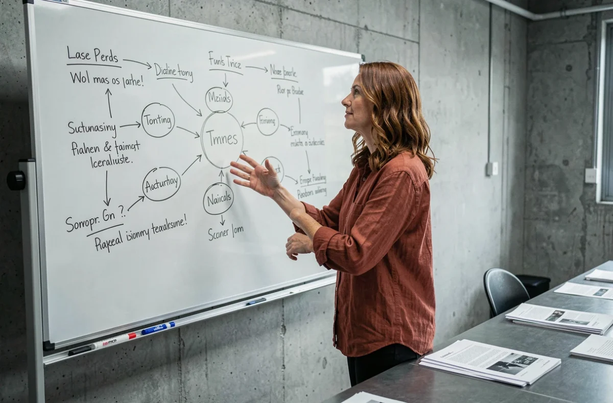 Femme chercheuse indépendante debout devant un tableau blanc rempli de schémas et de mots-clés reliés par des flèches, symbolisant l'analyse de théories alternatives sur un blog