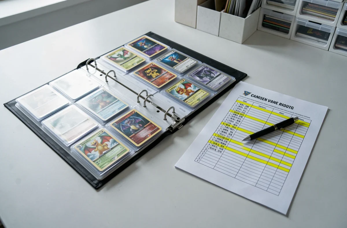 Classeur de cartes Pokémon Dracaufeu Ex ouvert avec protège-cartes et check-list imprimée A4 sur une table minimaliste