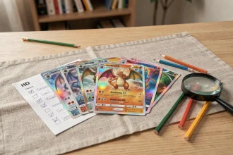 Collection de cartes Pokémon Dracaufeu Ex organisée sur un bureau en bois avec une check-list imprimée et des coches manuscrites