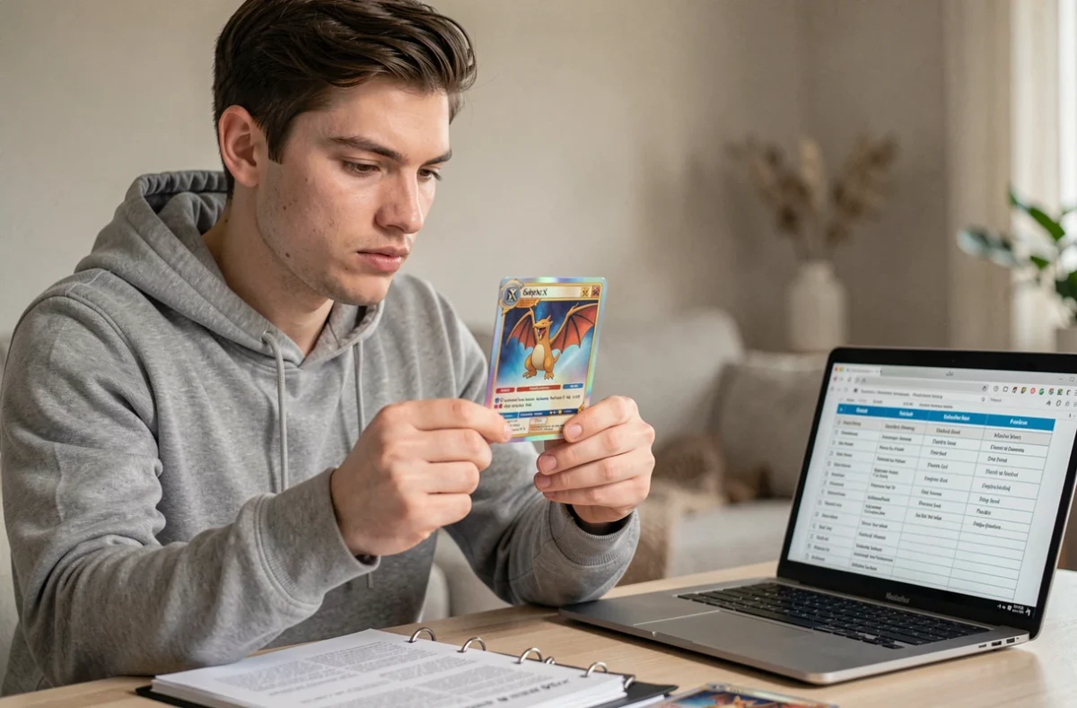 Collectionneur adulte examinant une carte Pokémon Dracaufeu Ex holographique avec une check-list ouverte sur laptop