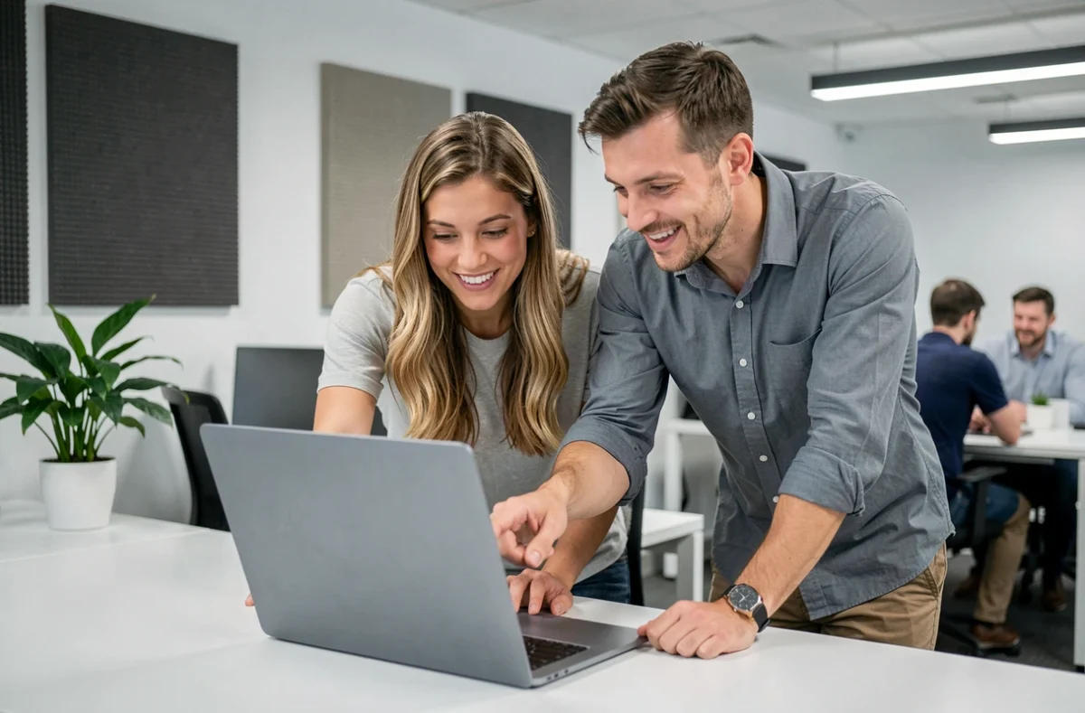 Deux collègues découvrant ensemble des astuces pratiques sur ptitclic.net dans un bureau moderne et collaboratif