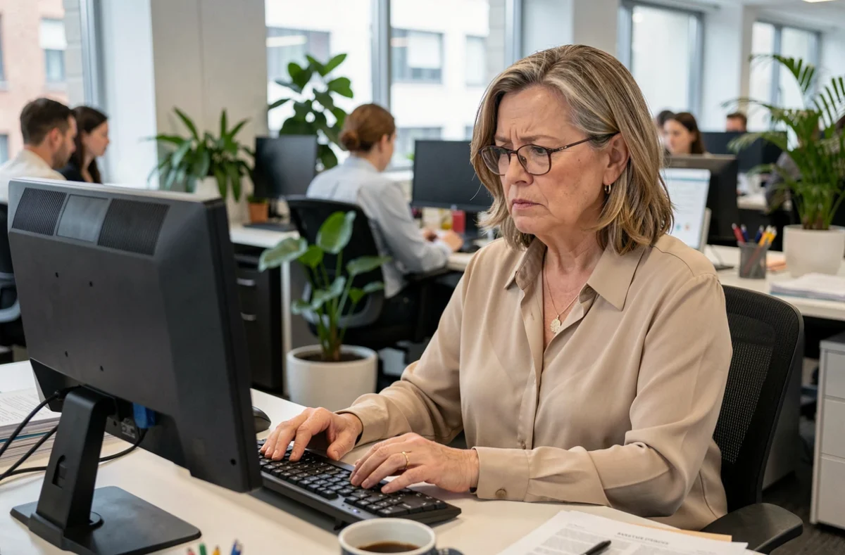 Femme senior au bureau essayant de se connecter à son compte client EDF ENR sur un ordinateur fixe en open space professionnel