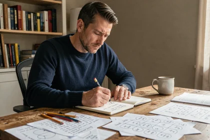 Homme concentré créant des énigmes logiques difficiles dans un bureau à domicile avec des notes manuscrites