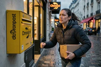 Femme déposant un colis Chronopost dans une boîte de dépôt jaune à l'aube devant un commerce urbain