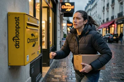Femme déposant un colis Chronopost dans une boîte de dépôt jaune à l'aube devant un commerce urbain